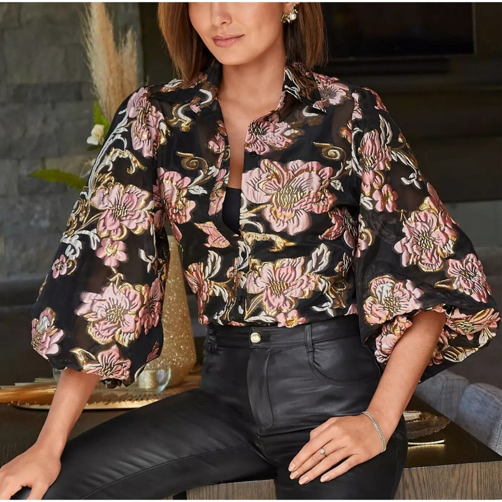 Boston Proper Blouse Shirt Balloon Sleeve Floral Burnout Foil Pattern Small.E103